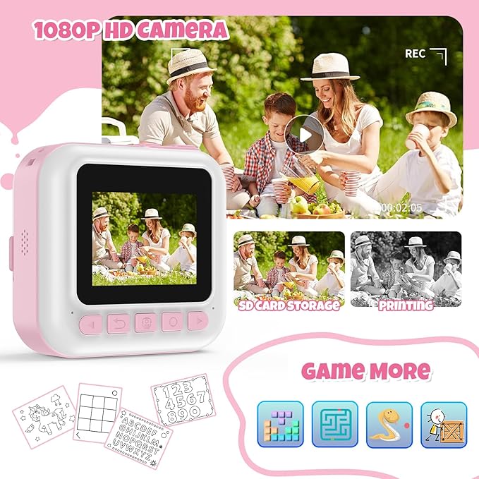 Kids Camera,Toddler Camera Instant Print Toys,1080P Children Printable Camera,Pink Selfie Camera Christmas Birthday Gifts for Girls Boys Age 3-10 with 3 Roller Photo Paper