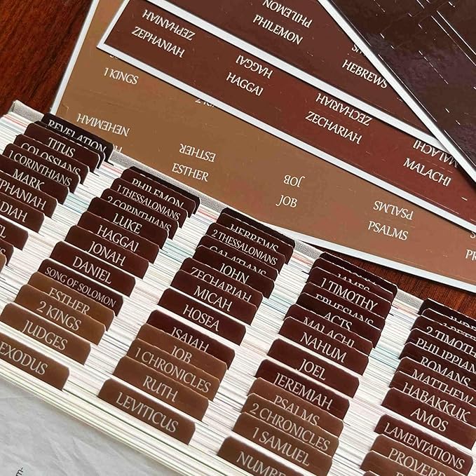 Thinkor Reposition Bible Tabs, Large Print Lanimated Stickers, Easy to Read and Apply Bible Tabs for Women and Man (Four Brown)