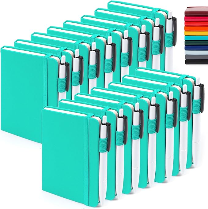 feela 15 Pack Pocket Small Notebooks Bulk, Mini Cute Memo Notepads Hardcover College Ruled Lined Journals with Pen Holder for Women Girls Office School, with 15 Black Pens, 3.5”x 5.5”, A6, Aqua
