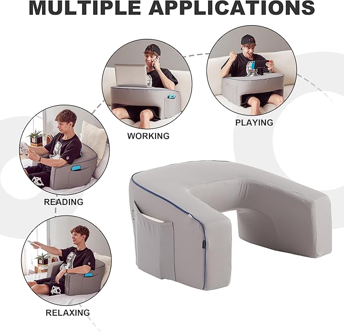 Soft Lap Desk Pillow for Adult, Extra Large Reading Pillow with Pocket, Arm Rest Pillow, Memory Foam Bed Rest Pillow can Reading, Working in Bed Floor Sofa (Grey)