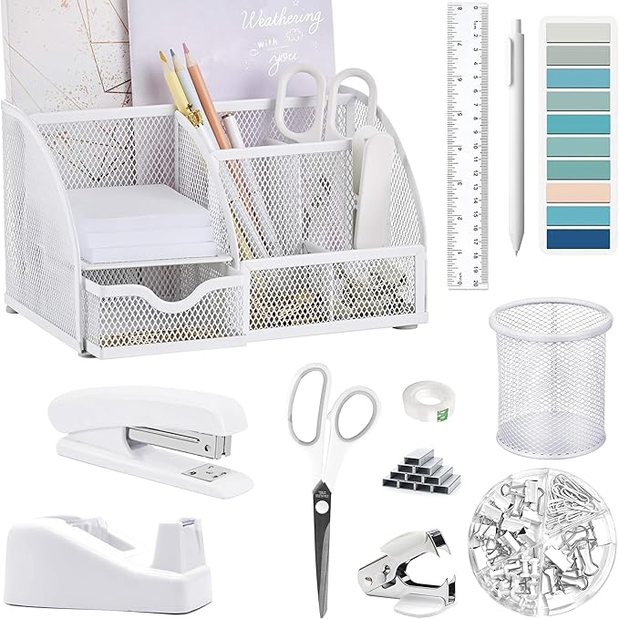 White Office Desk Accessories Supplies, 12pcs Desk Organizers and Accessories with Tape dispenser and Stapler,Staples,Staple Remover,Pen Holder,Scissor,Ruler,Sticky Tabs,Tape,Ballpoint Pen,Clips Set