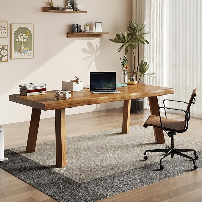 Solid Wood Desk 55 inches, Wood Computer Desk,Home Office Desk Wooden Rustic Writing Desk Modern Simple Design,Ideal for Study, Writing, Dining