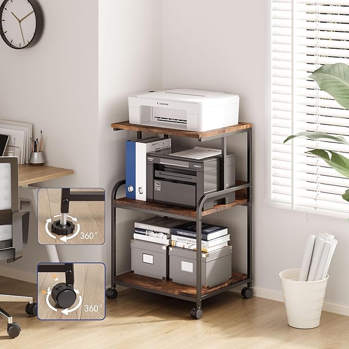 3 Tier Rolling Printer Cart with Wheels, Rustic Brown, Adjustable, Compatible with Printers, Fax Machines, Home Office, Kitchen, Living Room, Bedroom Storage Shelves