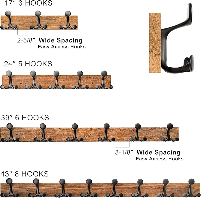 SKOLOO 43-Inch Cherry Wood Coat Rack Wall Mount with 8 Triple Hooks - Ideal for Family Entrances, Classrooms, and Pet Supplies Storage - Perfect Coat Hooks for Wall