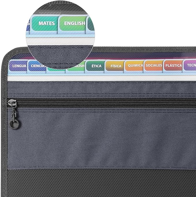 MEGREZ Expanding File Folder with 13 Pockets, A4 Paper File Folder with Zipper Color Labels, Waterproof Accordion File Folder Organizer for Home Office, Black