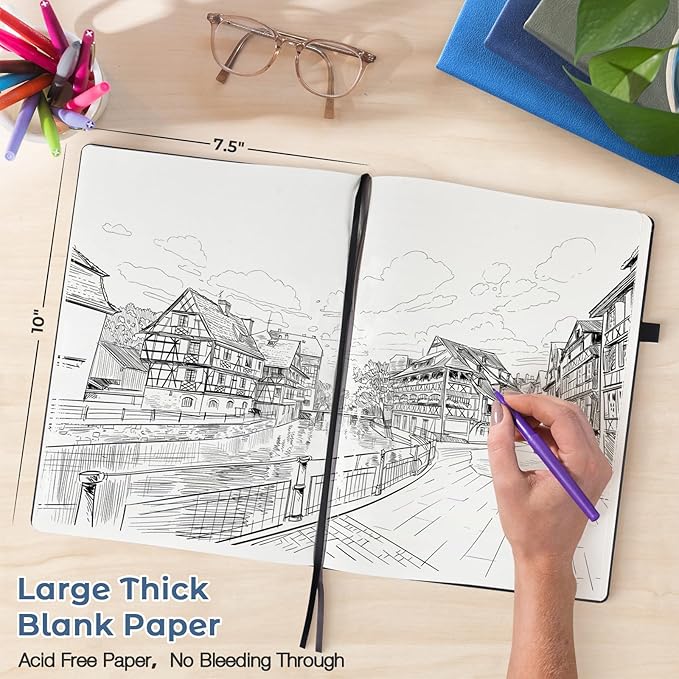 Blank Notebook, Hardcover Sketch Book, 8.5" x 11" Large Blank Journal, No Bleed Thick Paper Sketchbook for Drawing Art, Unlined Notebook Journal for Women Men, A4 Leather Sketchbook, Lay Flat, Navy