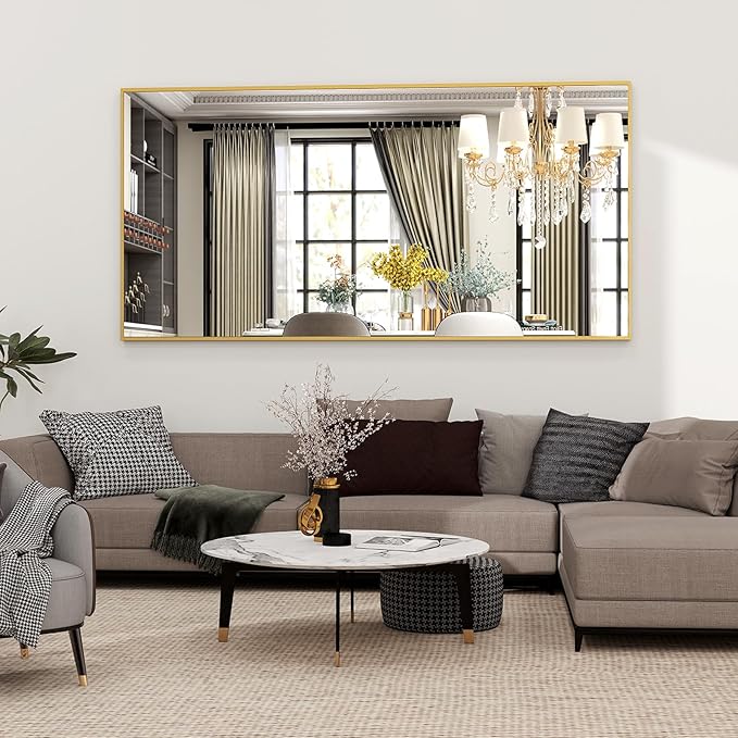 Full Length Mirror with Stand 34"x76" Full Body Mirror Floor Mirror Standing Hanging or Leaning Wall, Wall Mirror with Stand Aluminum Alloy Frame for Living Room Bedroom Cloakroom,Gold
