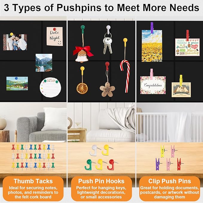 8 Pack 24"x48" Cork Boards for Walls, 89 Pcs Felt Cork Board Bulletin Board Kit with 40 Double-Sided Tapes, 30 Pushpins, 5 Clip Push Pins & 5 Push Pin Hooks, Wall Tile Vision Board for Office Home