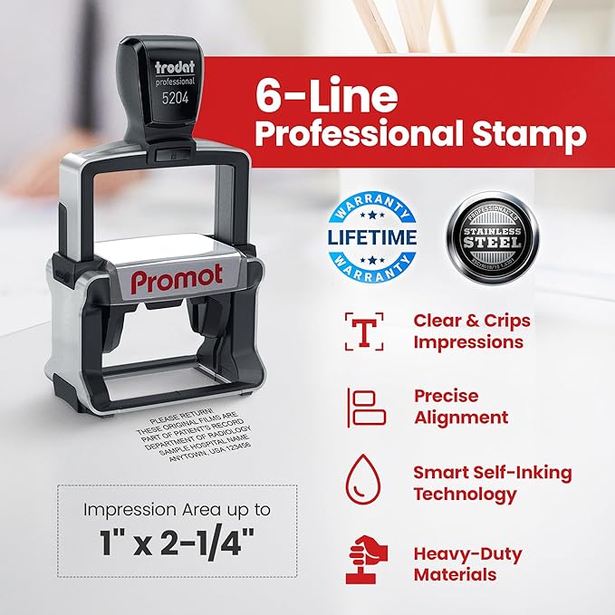 Promot Medium Professional Stainless Steel Stainless Steel Self Inking 6 Lines Custom Stamp - Personalized Office Stamp