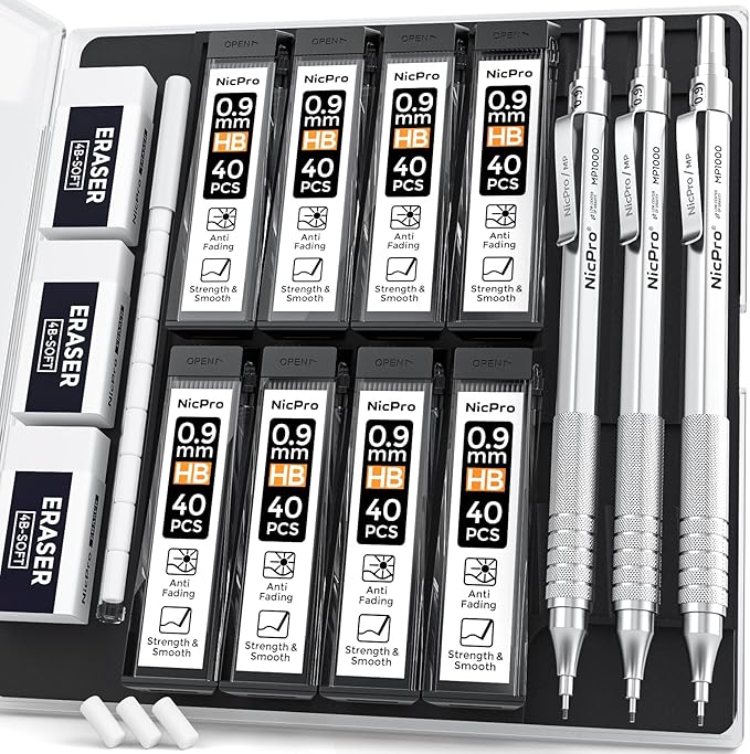Nicpro 0.9 mm Metal Mechanical Pencil Set with Case, with 3PCS MP1000 0.9mm Drafting Pencil, 8 Tubes HB Lead Refills, 3PCS Eraser, Erasers Refills for Artist Writing, Drawing, Sketching, Silver