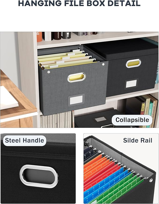 Oterri File Organizer Box with Lid,Large Hanging Filing Box with Mesh Pocket, Document c for Letter Files, Portable Storage Case with Smooth Sliding Rail for Office&Home (1 PCS, Black)