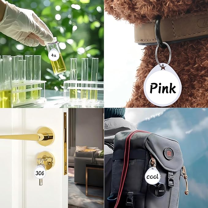 1.57 Inch Plastic Key Tags Round White Item Identifiers with Blank Paper Label Stickers and Pen, Metal Split Ring Tags Ideal for Home,Office and Rental Management Use,100 Pack