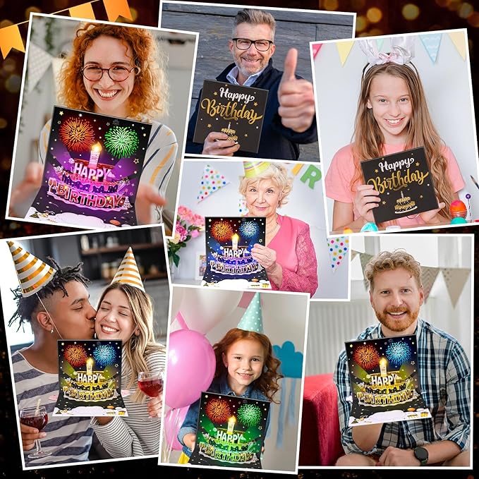 INPHER DIY Age Birthday Cards Fireworks Pop Up Cake Light and Music Black and Gold Happy Birthday Card Gift for Husband, Men, Women, Mom, Grandma