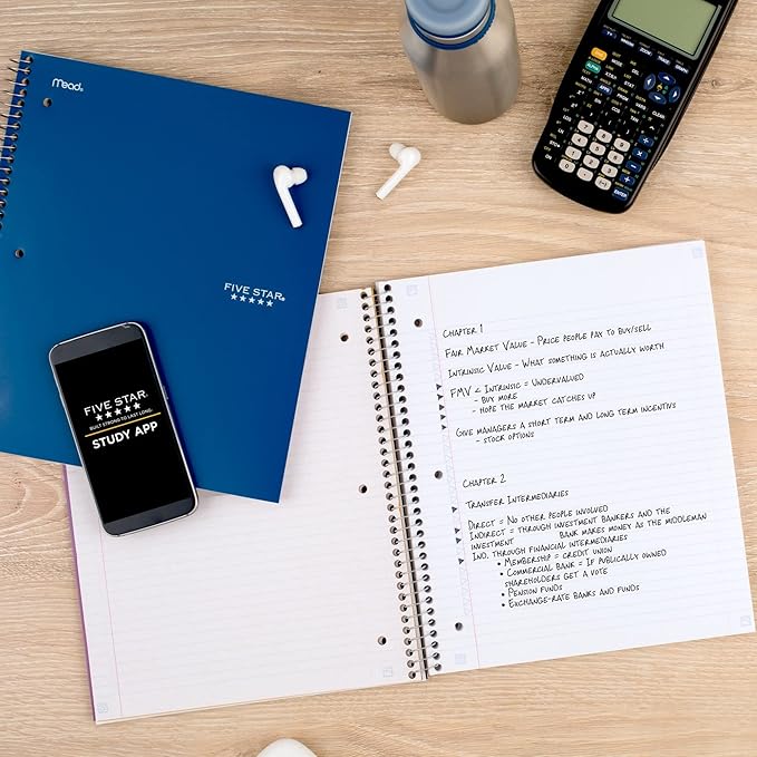 Five Star Spiral Notebook + Study App, 3 Subject, College Ruled Paper, Fights Ink Bleed, Water Resistant Cover, 8-1/2" x 11", 150 Sheets, Blue (73623)