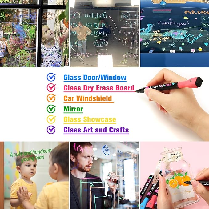 Liquid Chalk Markers Magnetic Wet Erase Markers for Acrylic Calendar Planning Board Clear Glass Writing Board Whiteboard Window/Mirror, 16 Pack, 8 Vibrant Color, 1mm Fine Tip