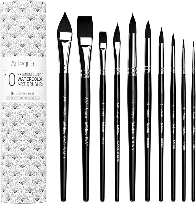 ARTEGRIA Watercolor Brush Set, 10 Professional Soft Synthetic Squirrel Paint Brushes, Including Pointed Rounds, Flats, Dagger, Oval Wash
