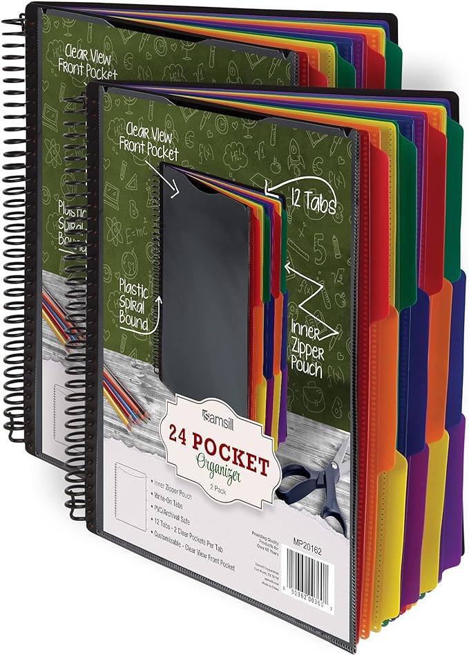 Samsill 2 Pack Deluxe 24 Pocket Spiral Project Organizer with Inner Zipper Pouch, Customizable Front Cover, 12 Dividers with Erasable Write-On Tabs in Assorted Colors, Plastic Folders with Pockets