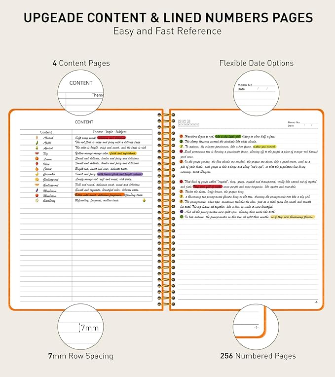 A4 Spiral Notebook Journal 8.5” x 11”, 256 Numbered Pages Hardcover Leather Journals for Women Men, Large Lined College Ruled Notebooks, 100GSM Thick Paper, Spiral Bound Journal for Work School Orange