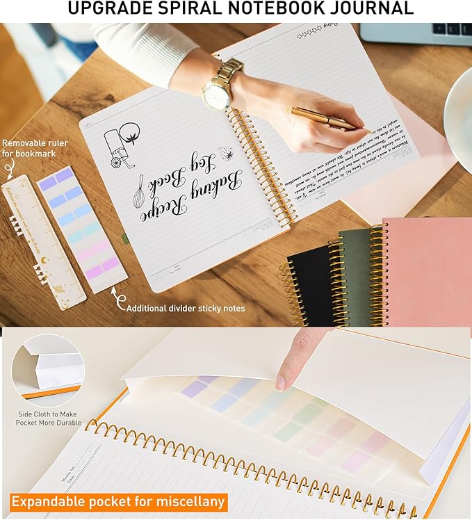 A4 Spiral Notebook Journal 8.5” x 11”, 256 Numbered Pages Hardcover Leather Journals for Women Men, Large Lined College Ruled Notebooks, 100GSM Thick Paper, Spiral Bound Journal for Work School Orange