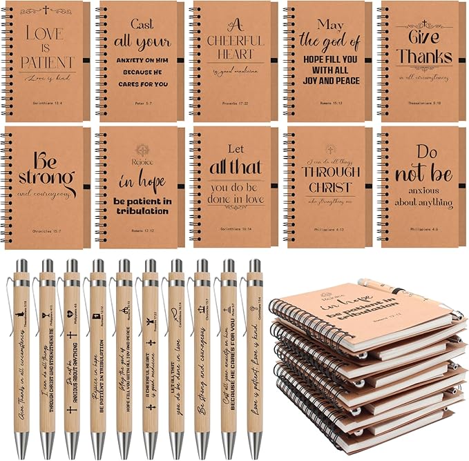 20Pcs Christian Gifts Prayer Journal,10 Bulk Spiral Notebooks with 10 Bible Pens for Christian Women Men, Church Supplies for Office School Visitor, Pocket Bible Journal Notebooks for Believer