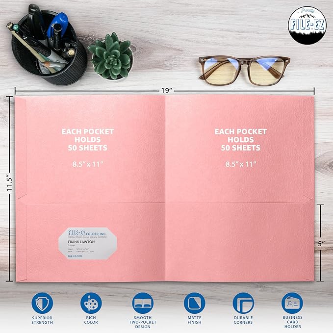 FILE-EZ Two-Pocket Folders, Pink Color, 125-Pack, Durable Textured Paper with Matte Finish, Letter Sheet Size (EZ-32490)