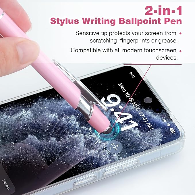 Ballpoint Pen 2-in-1 Stylus Retractable Ballpoint Pen with Stylus tip, Metal Stylus Pen for Touch Screens, 1.0 mm Black Ink (Pink)