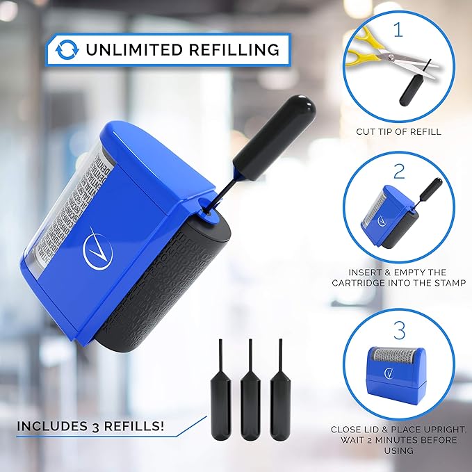 Identity Theft Protection Roller Stamps Wide Kit - Confidential Roller Stamp, Anti Theft, Privacy & Security Stamp, Designed for ID Blackout Security - Classy Blue Wide with 3 Refills
