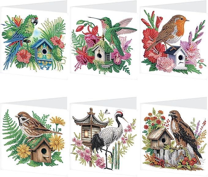 Tontut 6pcs Diamond Art Painting Kit Greeting Card, Bird on The House 5D DIY Diamond Handmade Holiday Greeting Card with Envelope, Holiday Gift Congratulation