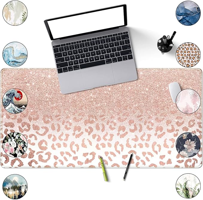 Desk Mat XXL Mouse pad, Pink Rose Gold Leopard Print Office Supplies and Accessories Decor for Women 31.5X15.75in,Stitched Edges Smooth Non-Slip Bottom, Large pad