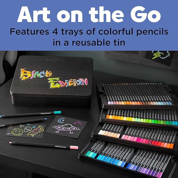 Faber-Castell Black Edition Colored Pencils Tin: Black Wood and Super Soft Core Lead, Art Colored Pencils for Adult Coloring, Teens, Kids and Beginners, Art Drawing Supplies (100 Count)