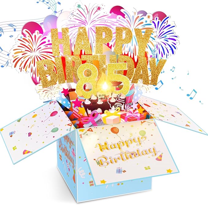 Tnvee 85TH Birthday Cards with Lights Music, 3D Pop Up Singing Happy Birthday Greeting Cards Gifts Ideal for 85 Year Old Mom Father Grandma Grandpa