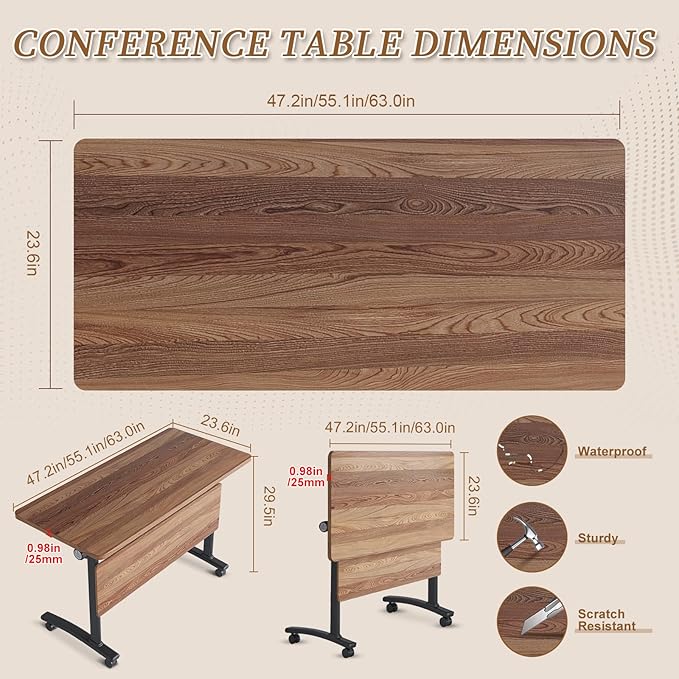 Folding Conference Room Table, Modern Conference Tables with Silent Wheels, Large Rectangular Mobile Training Tables for Office Classroom, Foldable Modular Boardroom Seminar Table (10pack L63in)