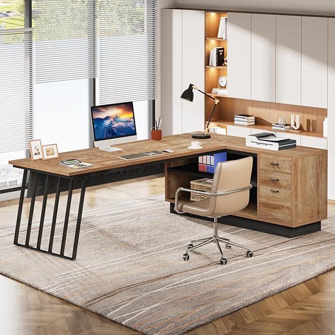 Tribesigns 71-Inch Executive Desk, L-Shaped Desk with Cabinet, Large Office Desk with Drawers and Storage Shelves, Writing Table Computer Desk for Home Office, Oak and Black