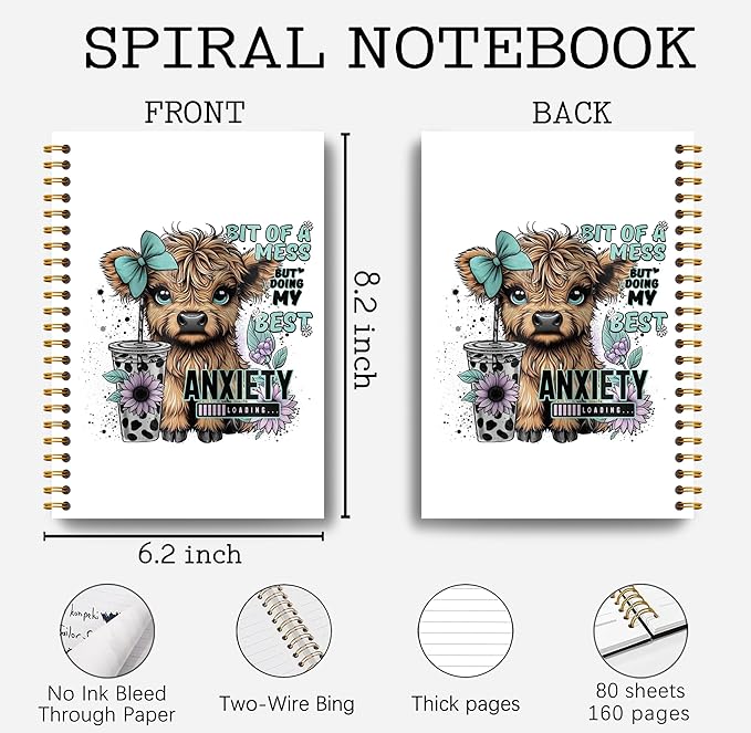 Bit of a Mess Anxiety Funny Highland Cow Notebook - Western Cow Notebook, Highland Cow Office Supplies, Highland Cow Gifts, Cow Lover Gifts, Cute Cow Stuff, Cow Spiral Notebook 5.5x8.3