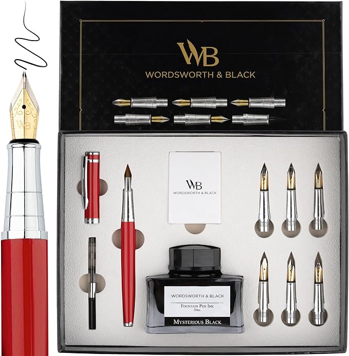Wordsworth & Black Calligraphy Pen Gift Set, Includes Bottle, 6 Cartridges, Refill Converter, 6 Replacement Nibs, Premium Package, Journaling, Smooth Writing Pens [Red Chrome]