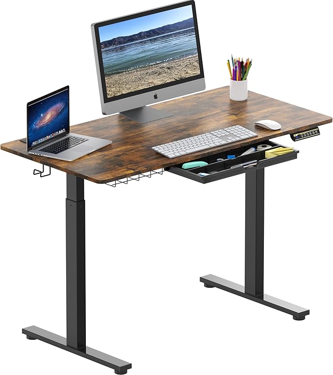SHW 48-Inch Electric Height Adjustable Standing Desk with Drawer, Memory Preset and Cable Management Tray, Rustic Brown