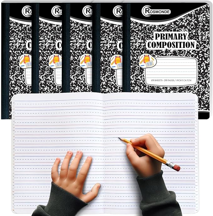 5 Pack Primary Composition Notebooks, 200 Pages (100 Sheets), Primary Ruled Composition Notebook for Kids, 9-3/4" x 7-1/2", Grades K-2 Writing Workbook, Writing Dotted Lined, Black Marble