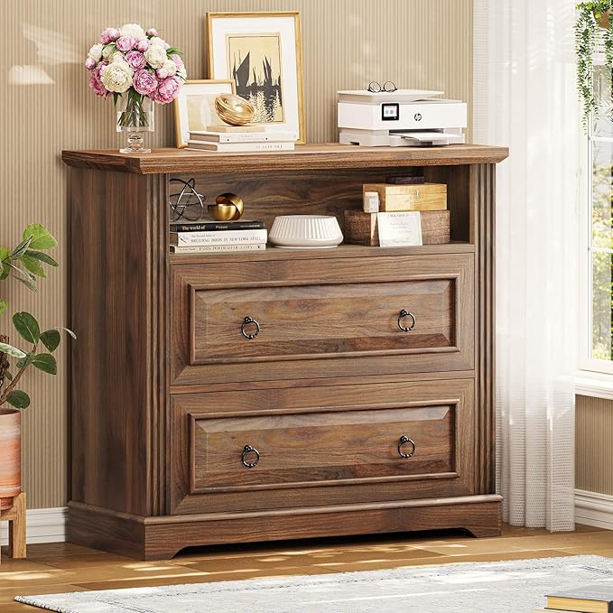 Itaar 2 Drawer File Cabinet, Farmhouse Filing Cabinet for Home Office Fits Letter, Legal, A4 Size, Wood Lateral File Cabinet with Printer Stand, Storage Shelf, Brown