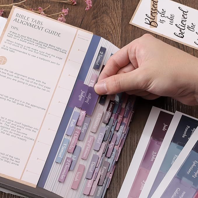 Thinkor Laminated & Repostion Bible Tabs, Large Print Christian Gift for Women and Men, Easy to Read and Apply Bible Journaling Tabs (Purple & Pink Print)