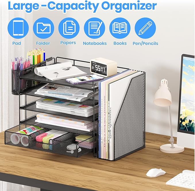 Desk Organizers and Accessories, 5-Tier Paper File Organizer with Drawer & Pen Holder, Office Desk Accessories Workspace Desktop Organizer for Office Supplies(Black)