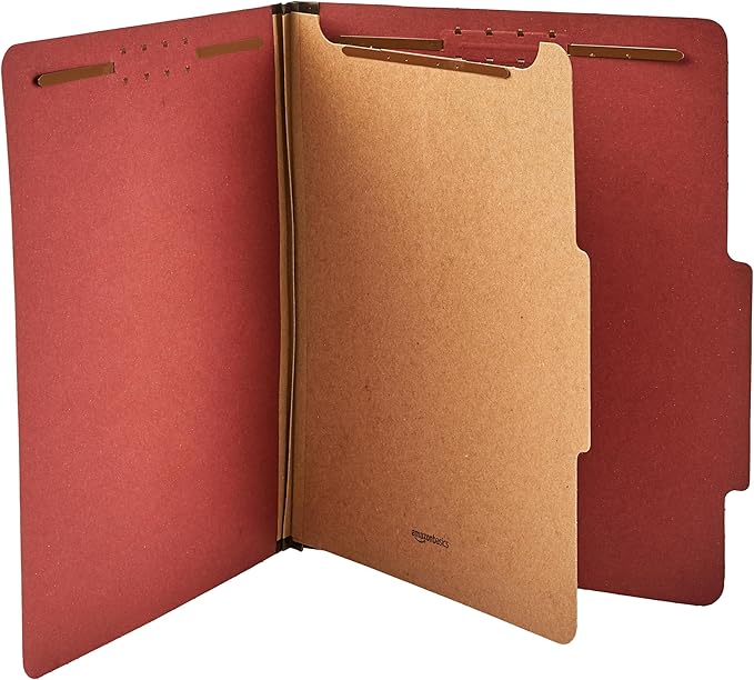 Amazon Basics Classification Folder- 100% Recycled, 1 Divider, 2" Embedded, 10 Count per Box, 12.09 x 10.63 inch (Letter), Red