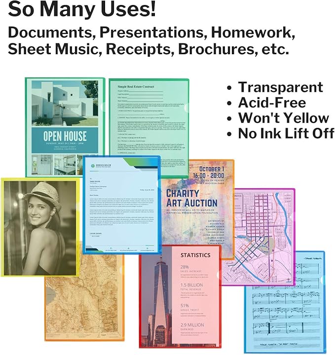 Dunwell Clear Plastic Folders Sleeves (36 Pack, Assorted Colors), Transparent Project Folders, Plastic Sleeves, Acid-Free Poly File Jackets for Documents, L-Sleeves for 8.5x11 Paper