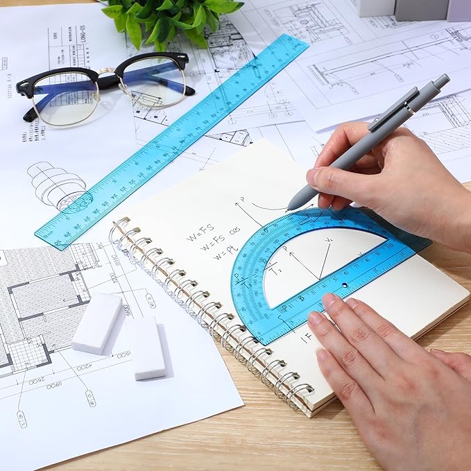 Zonon 2 Pack 12'' Plastic Ruler and 6'' Plastic Protractor Set Clear Ruler Protractor Set Math Geometry Supplies for School Classroom Home Office Drawing(Blue)