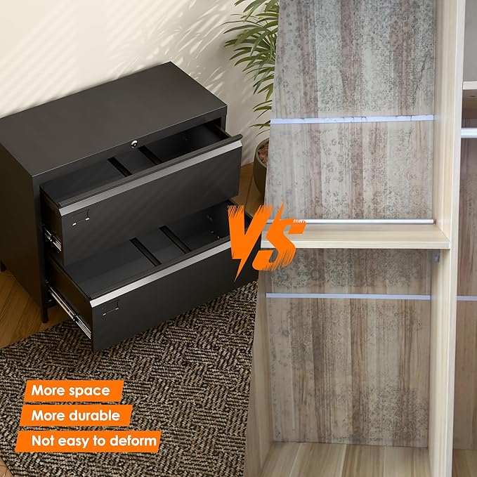 Lateral File Cabinet with 2 Drawers, Metal Wide Lateral Filing Cabinet with Lock for Hanging Files Letter/Legal/F4/A4 Size for Home Office School, 2 Drawer, Assembly Required, Black