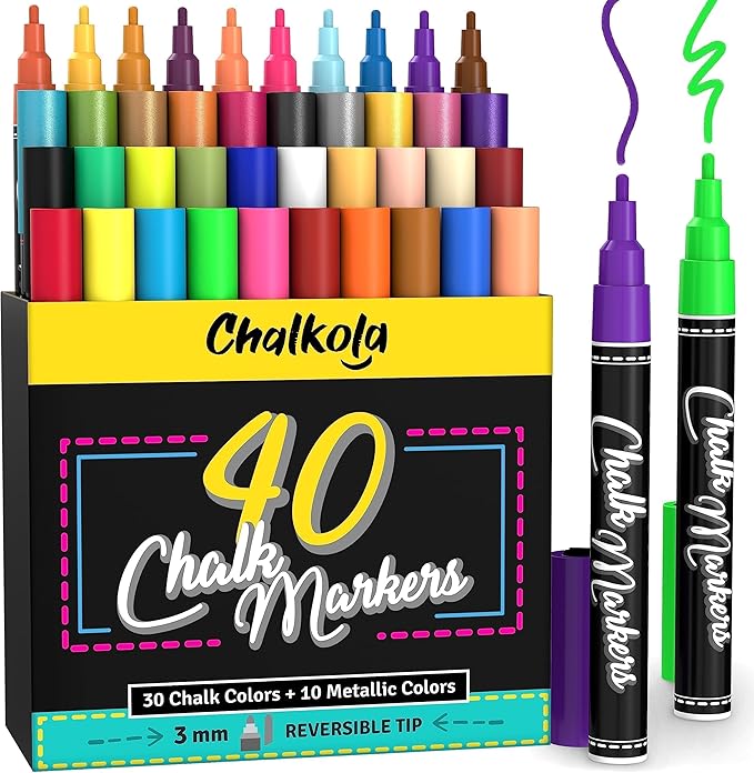 Fine Tip Chalk Markers - Pack of 40 (Neon, Classic & Metallic) Chalk Pens - For Chalkboard, Blackboard, Window, Labels, Bistro, Glass - Wet Wipe Erasable - 3mm Reversible Tip