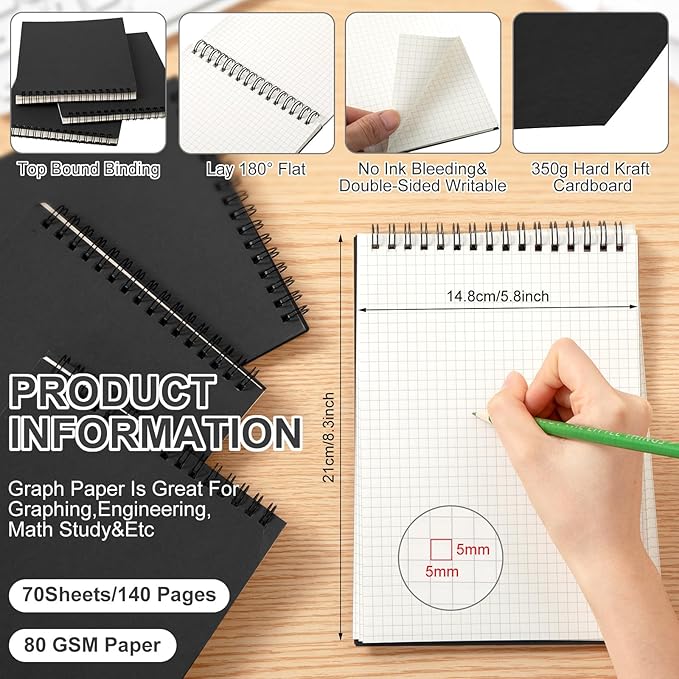 Graph Paper Spiral Notepad A5 Top Wirebound Notepad Grid Notebook Steno Pads Memo Notebook Grid Paper 140 Pages for Writing Sketching Drawing Office Supplies(Black,12 Pack)