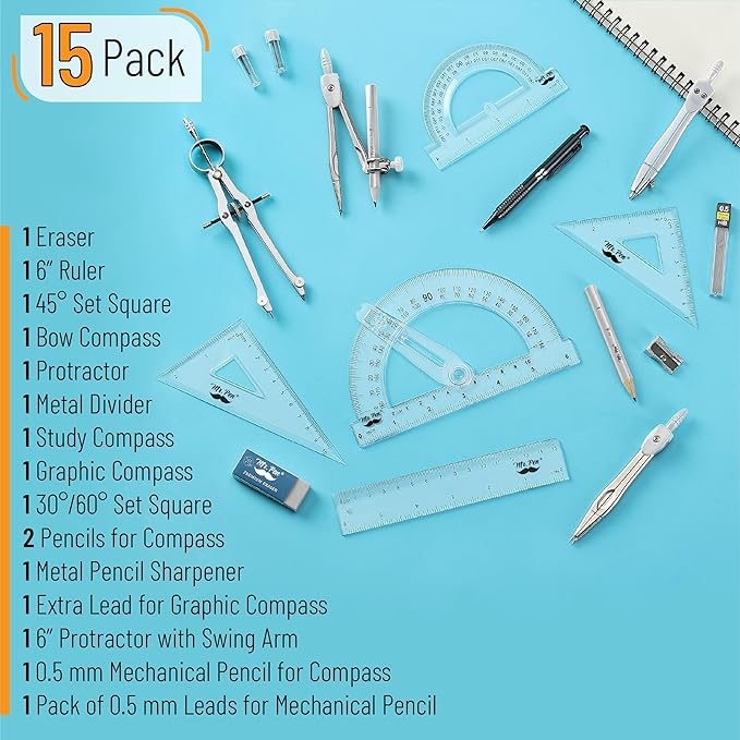 Mr. Pen- Geometry Set, 15 pcs, Light Grey, 6 Inch Swing Arm Protractor, Divider, Set Squares, Ruler, Compasses and Protractor
