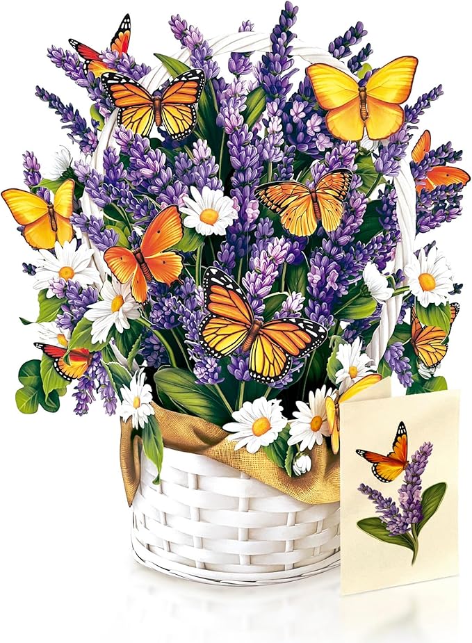 Freshcut Paper Pop Up Cards, Lavender & Butterflies, 12 Inch Life Sized Forever Flower Bouquet 3D Popup Greeting Card, Birthday & Thank You Card, Blank Notecard & Envelope