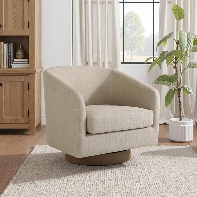 UIXE Swivel Accent Chairs Set of 2, Fabric Upholstered Barrel Chair for Living Room, Comfy Round Armchair Single Sofa Bedroom Reading Seat - 31" W, Light Brown