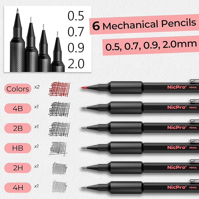 Nicpro Metal Mechanical Pencil Set, 3PCS Art Drafting Pencil 0.5, 0.7, 0.9MM & 2PCS 2MM Mechanical Drawing Pencils with 126 Lead(4B 2B HB 2H 4H Color) Weatherproof Barrel for Writing Sketching Drawing